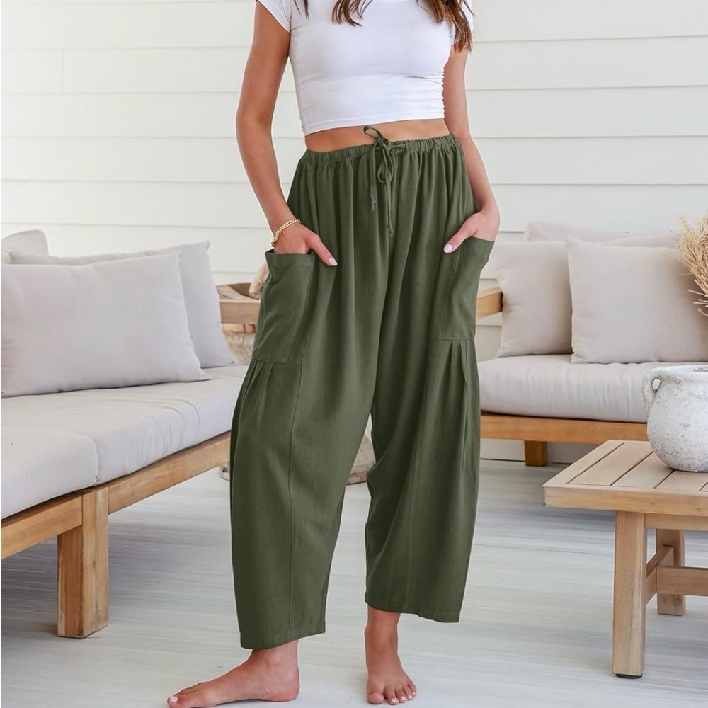 Women’s linen wide leg pants casual drawstring with pockets - size large